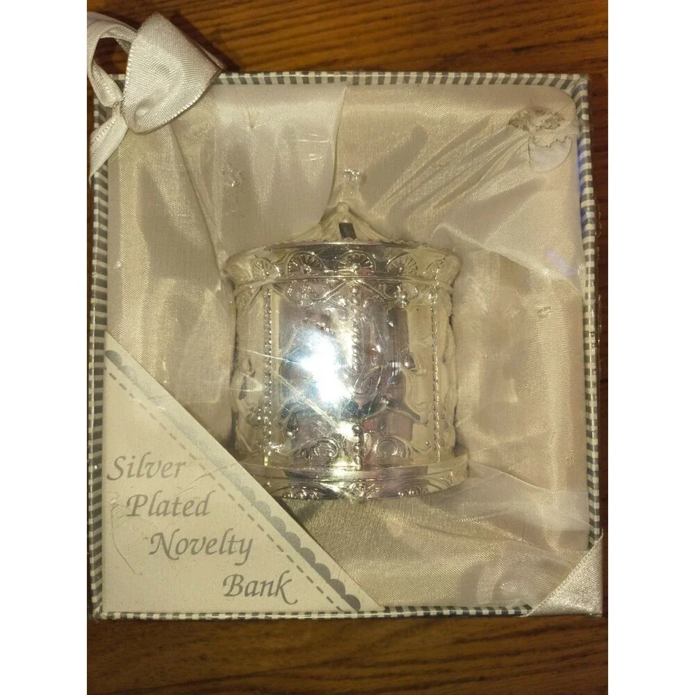 Vintage Coin Bank Carousel Merry Go Round Horses Silver Plated Cast Metal - NEW